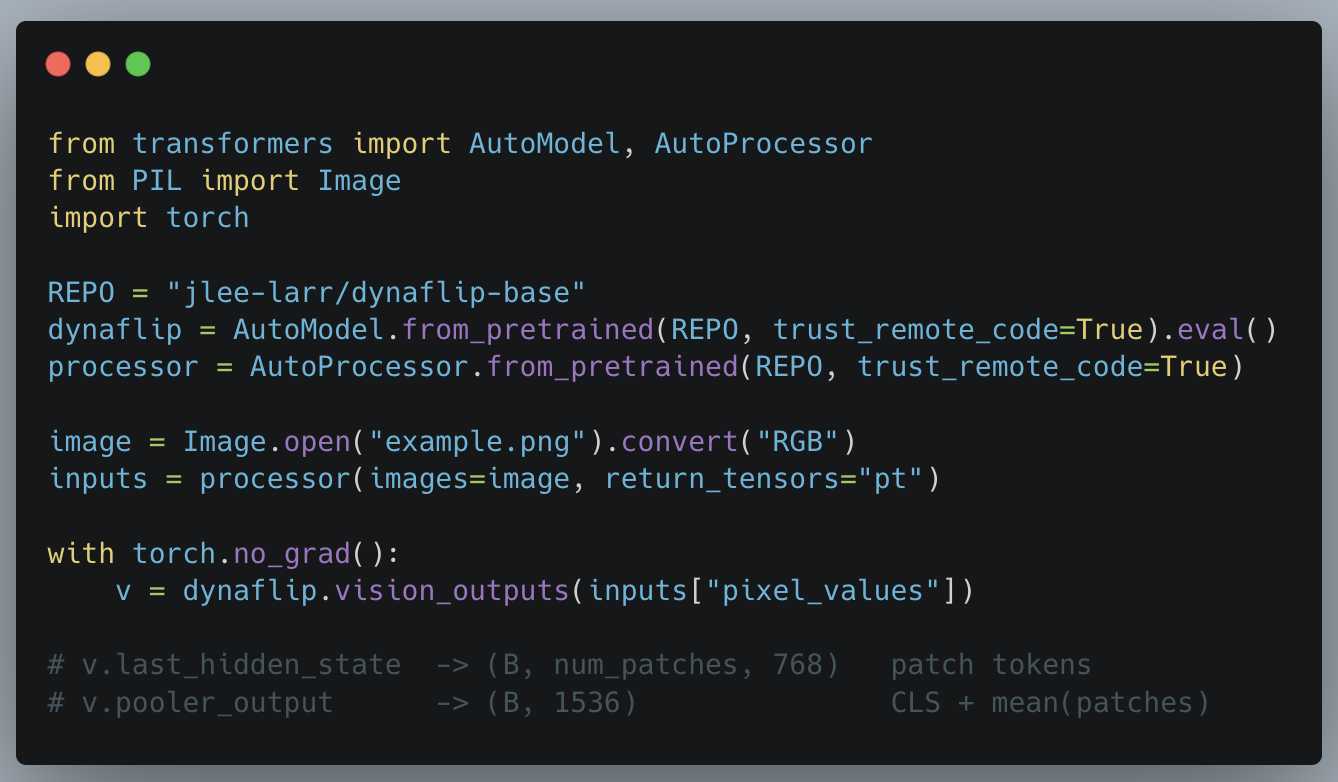 Quick Start: load DynaFLIP and extract vision features